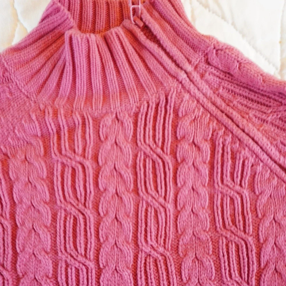VTG Pink Cable Knit Mock Zip Neck Sweater Size‎ S Cotton Fisherman Chunky
